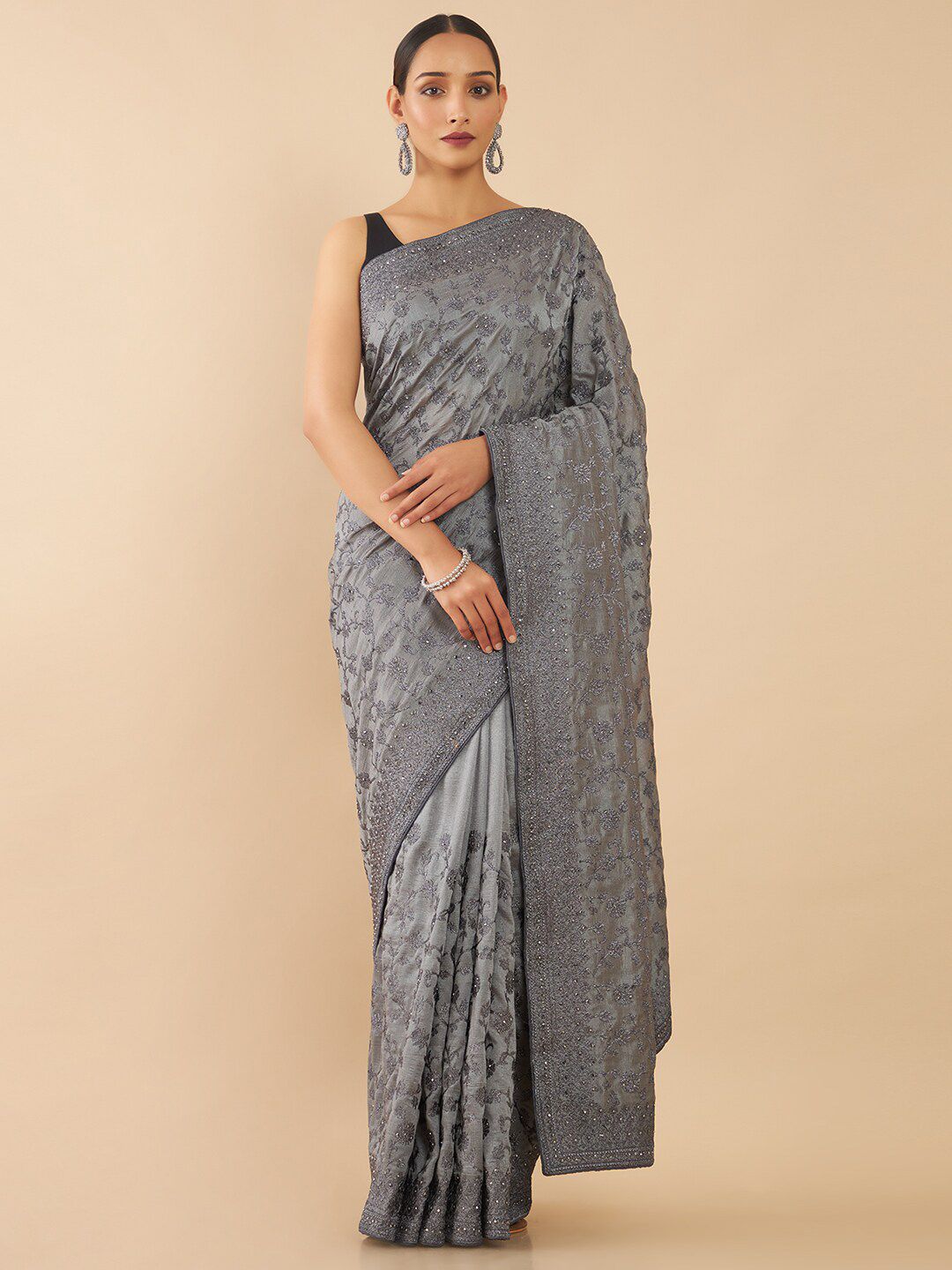 Soch Grey Floral Silk Blend Tussar Saree