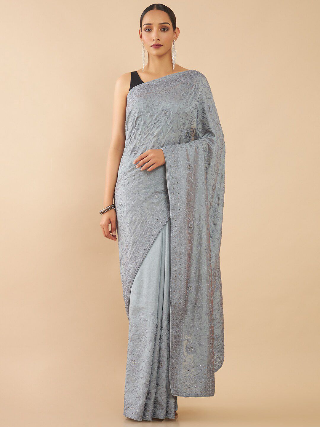 Soch Grey Floral Silk Blend Tussar Saree
