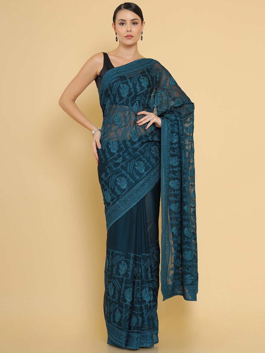 Soch Teal Floral Embroidered Saree