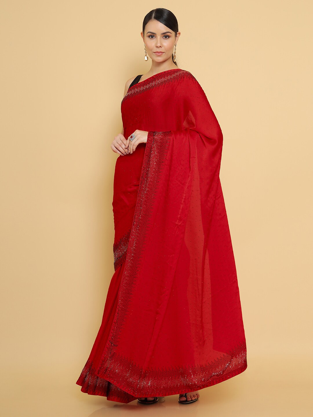 Soch Red & Black Beads and Stones Satin Saree Price in India