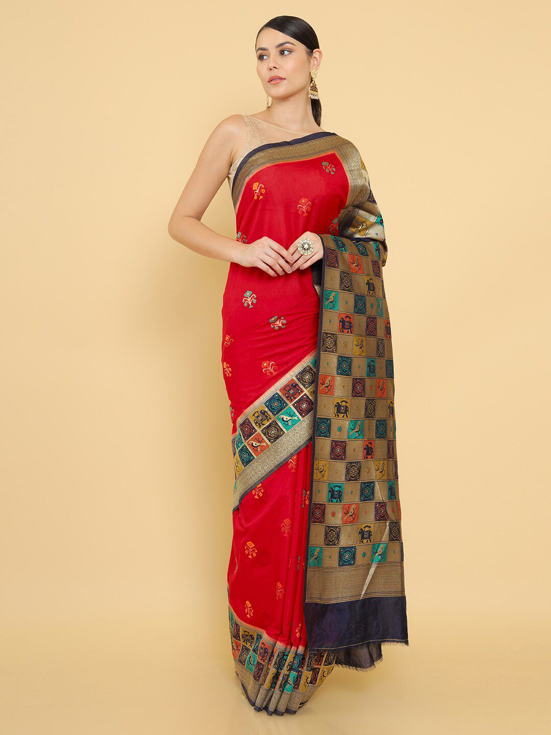 Soch Red & Gold-Toned Woven Design Zari Silk Blend Banarasi Saree