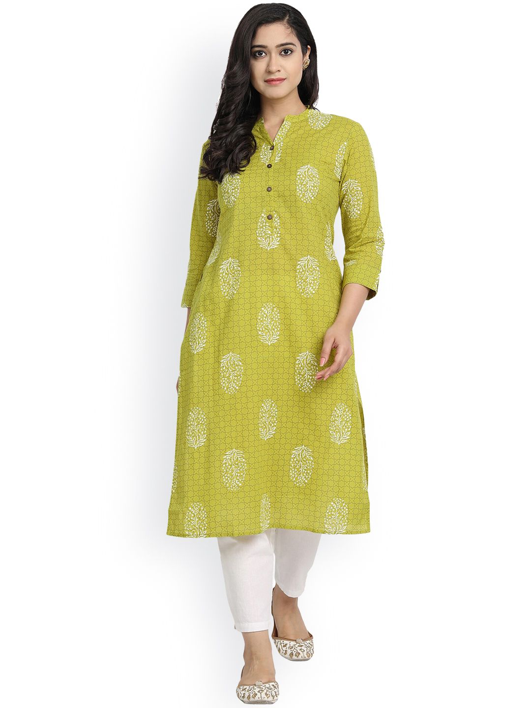 Haute and Humble Women Green & cress green Ethnic Motifs Printed Thread Work Floral Kurta Price in India