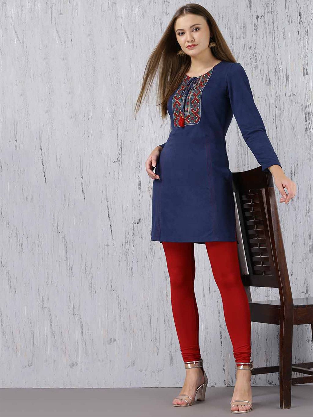 Lakshita Navy Blue Ethnic Motifs Yoke Design Kurti