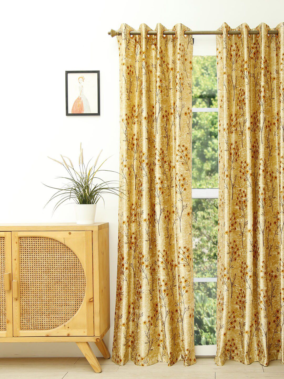 Ariana Gold-Toned & Orange Floral Long Door Curtain Price in India