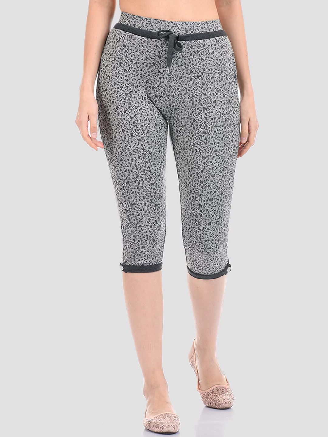 Madame Women Grey & Black Printed Capris Price in India