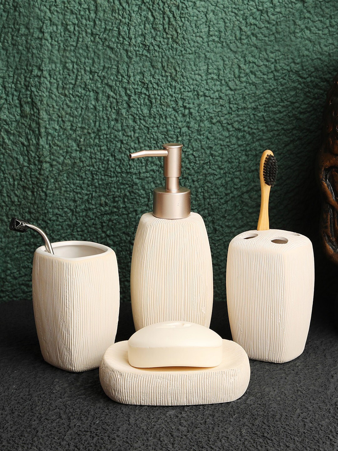 ROMEE Set of 4 Cream Textured Ceramic Bathroom Accessories Price in India