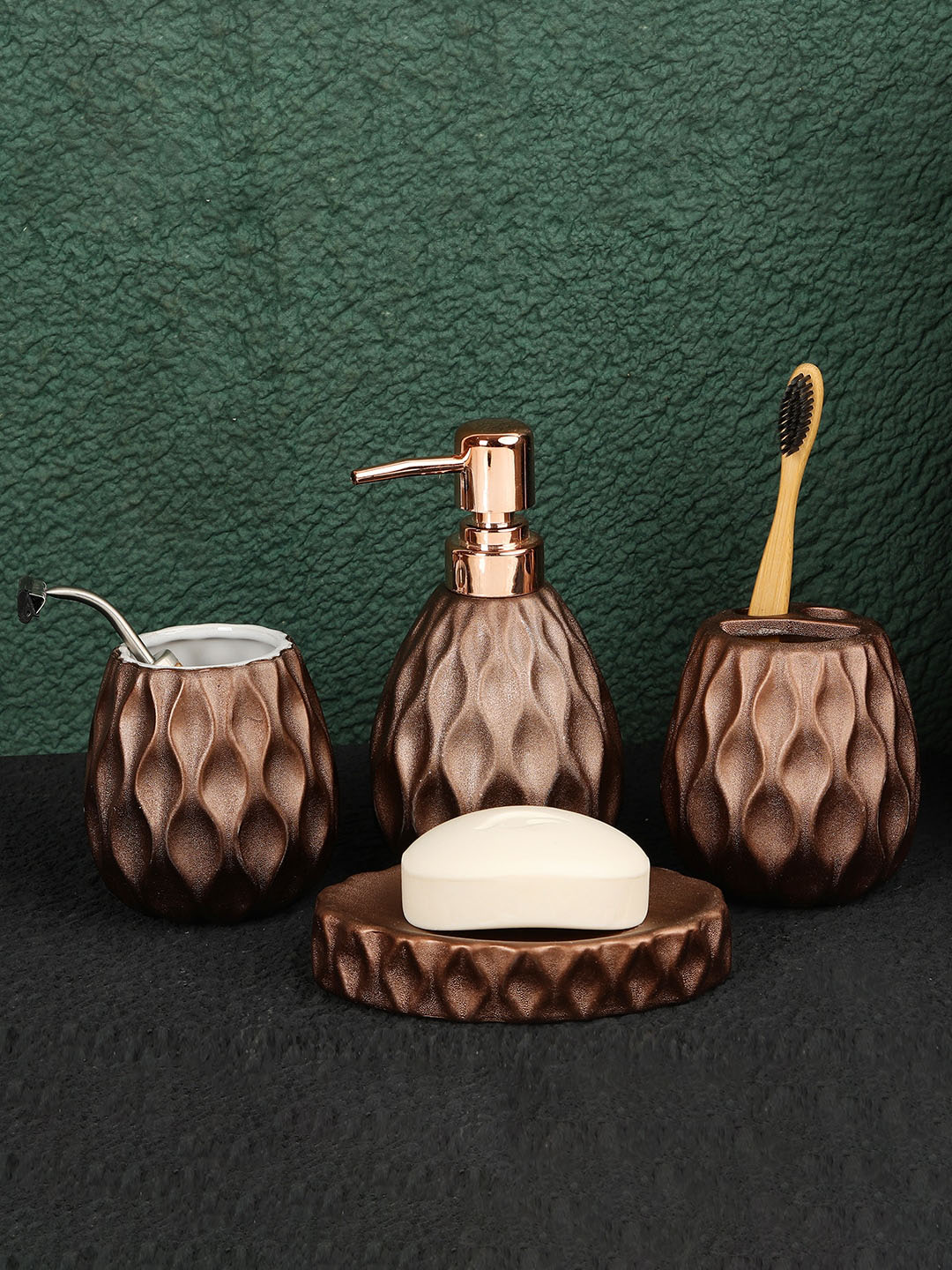 ROMEE 4 Pieces Brown Textured Ceramic Bathroom Accessories Set Price in India