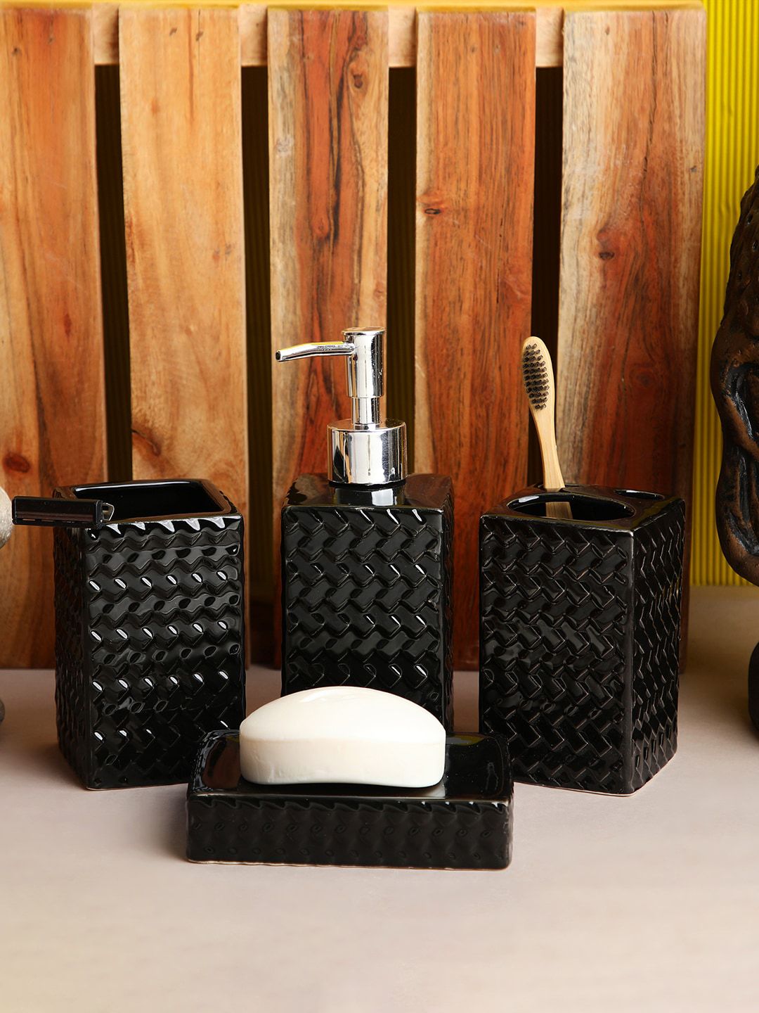 ROMEE Set of 4 Black Ceramic Bathroom Accessories Price in India