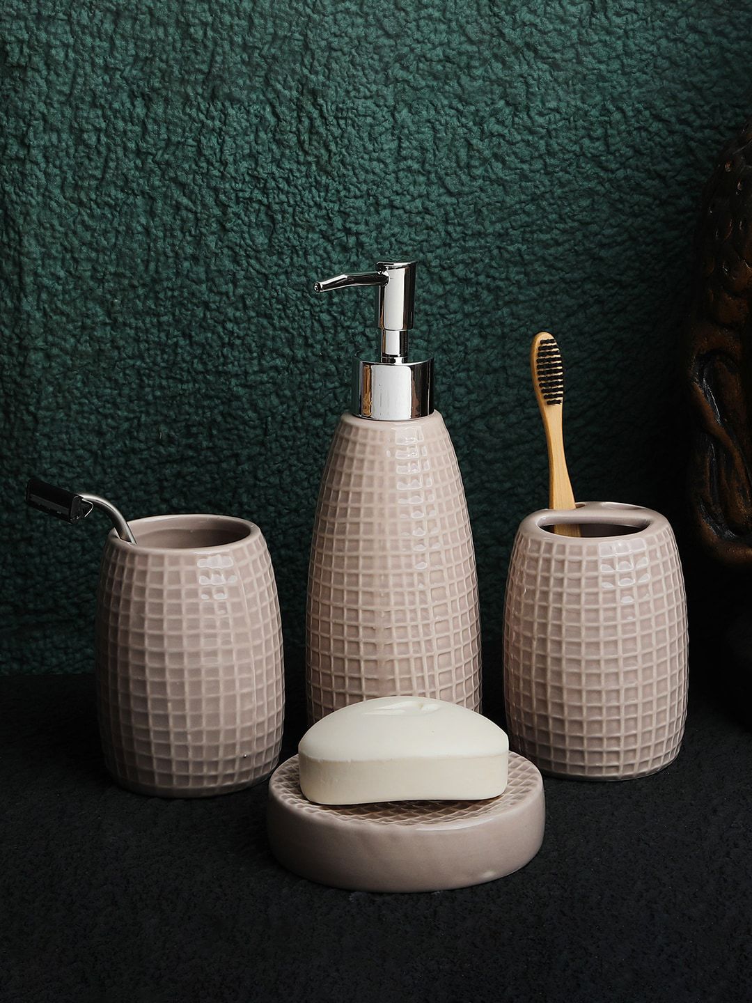 ROMEE Set of 4 Beige Textured Ceramic Bathroom Accessories Price in India