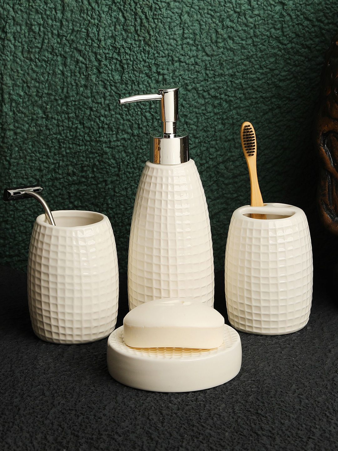 ROMEE Set Of 4 White Textured Ceramic Bathroom Accessories Price in India
