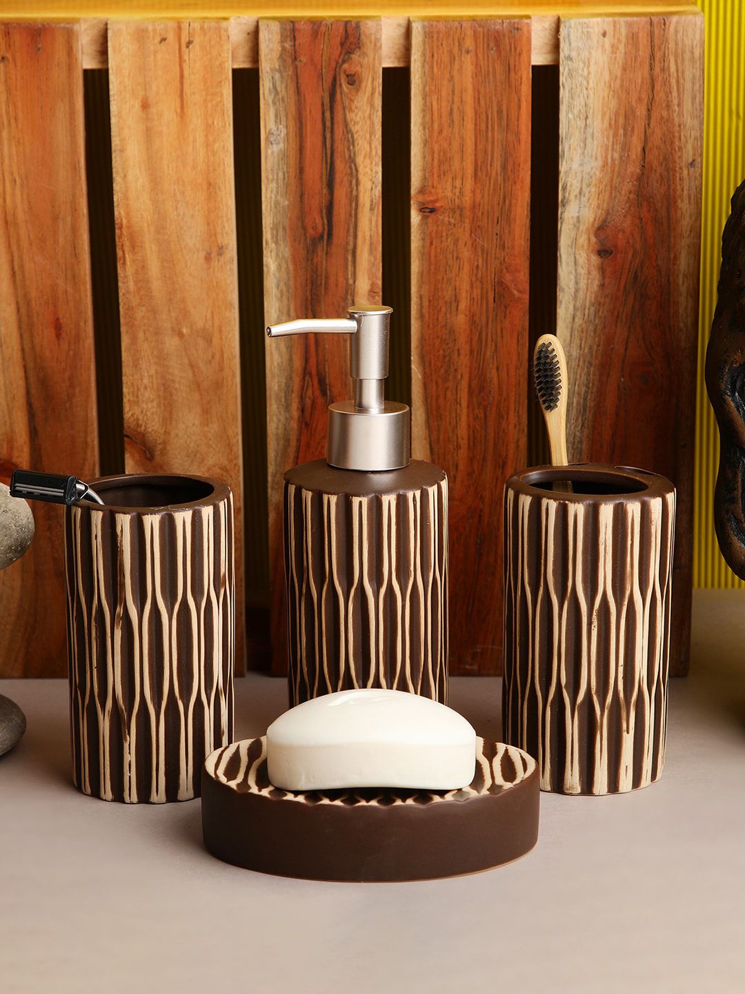 ROMEE Coffee Brown & Beige Ceramic Bathroom Accessories Set Price in India
