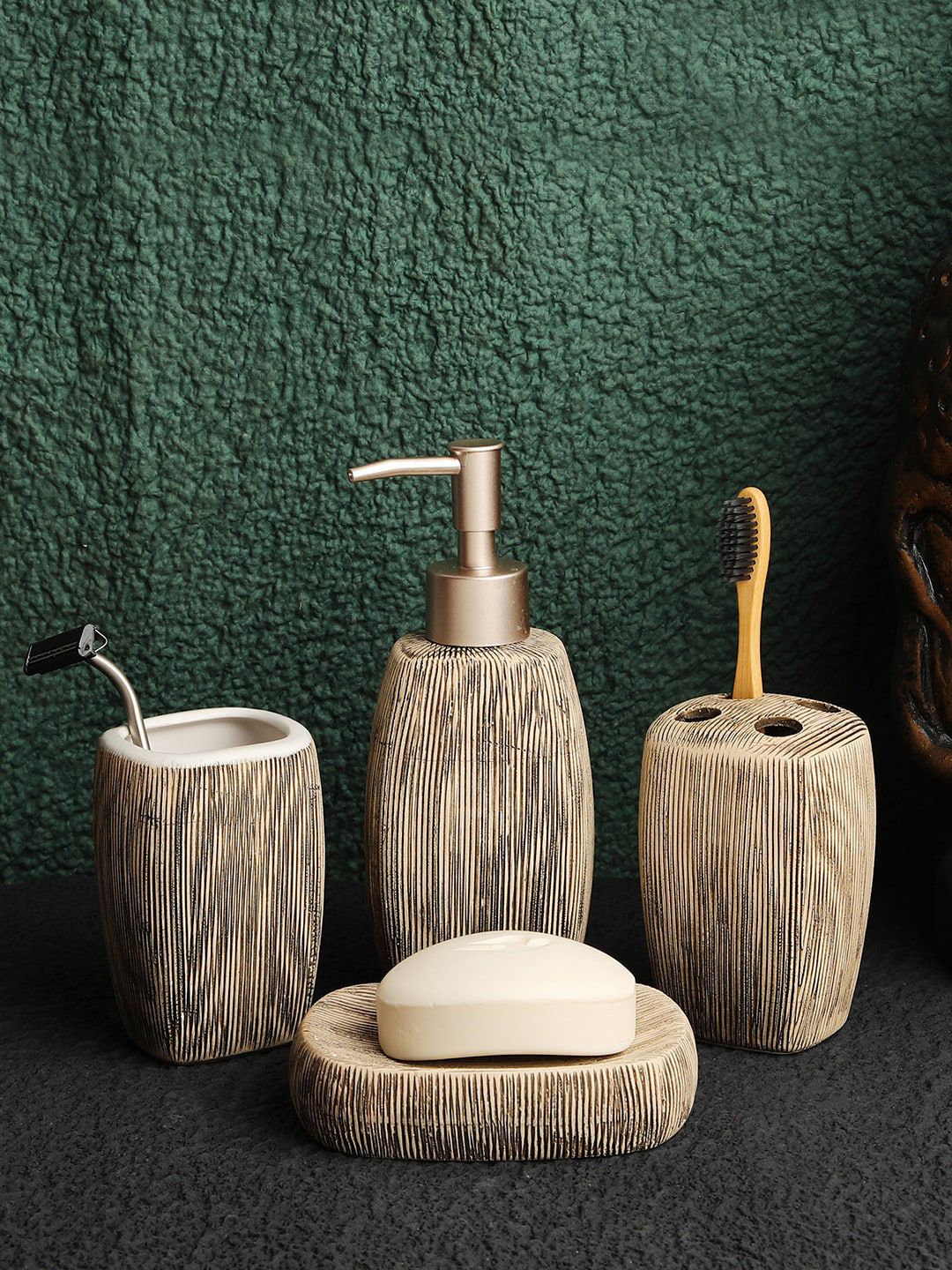 ROMEE  Set of 4 Beige Textured Ceramic Bathroom Accessories Price in India