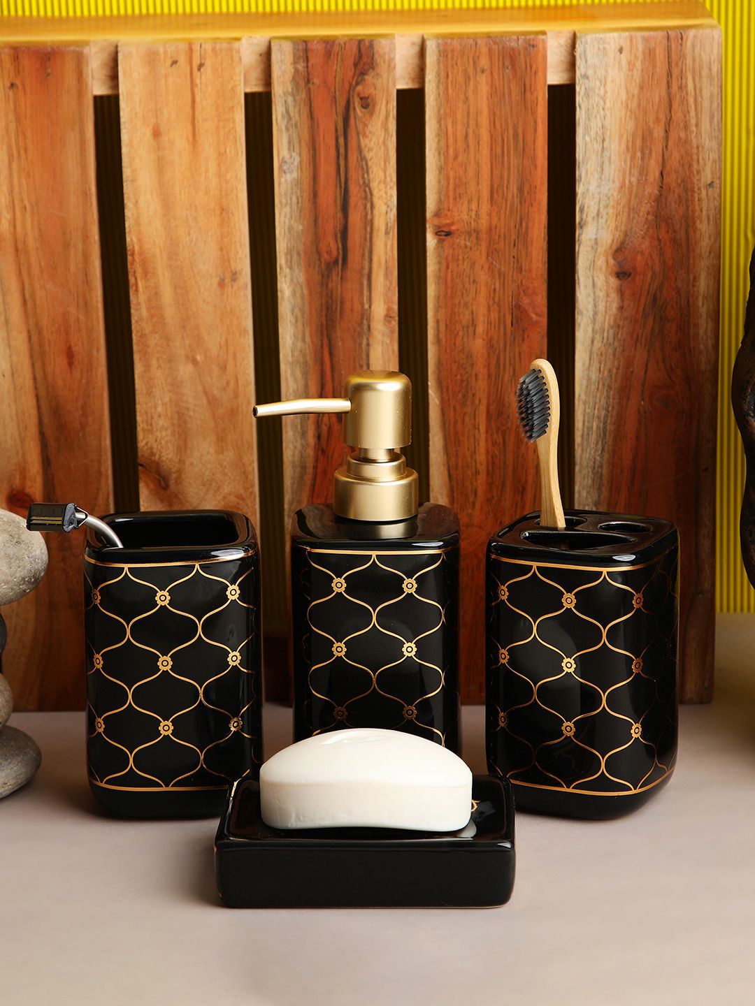 ROMEE Black & Gold-Toned Ceramic Bathroom Accessories Set Price in India