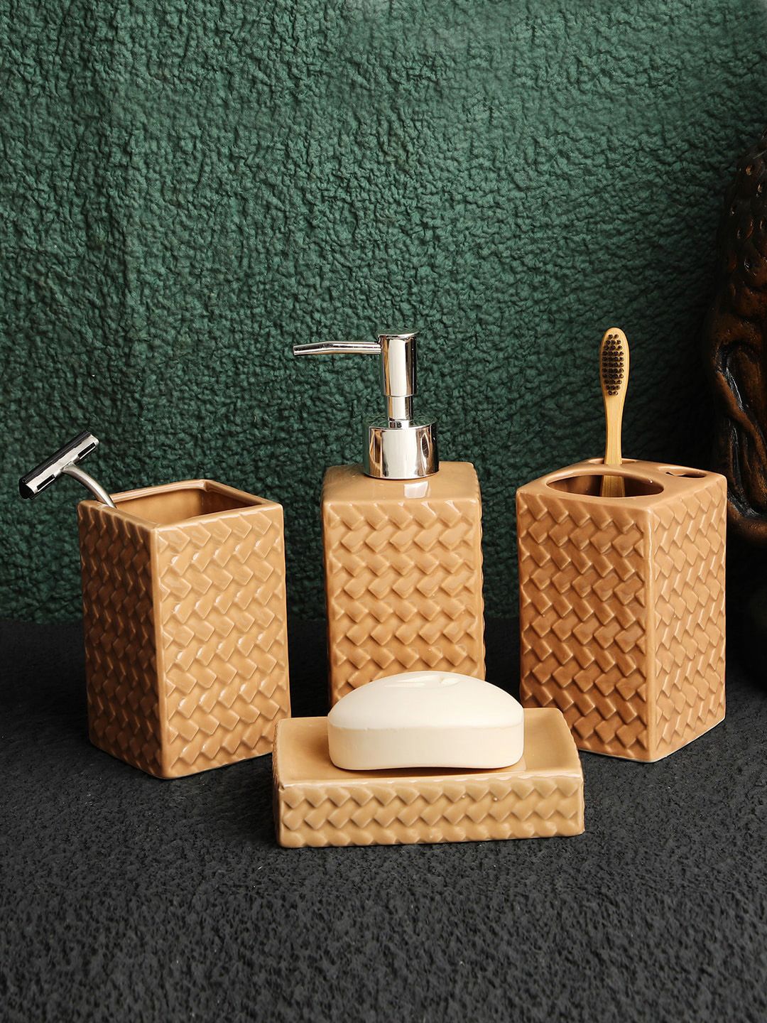 ROMEE 4 Pieces Tan Brown Textured Ceramic Bathroom Accessories Set Price in India