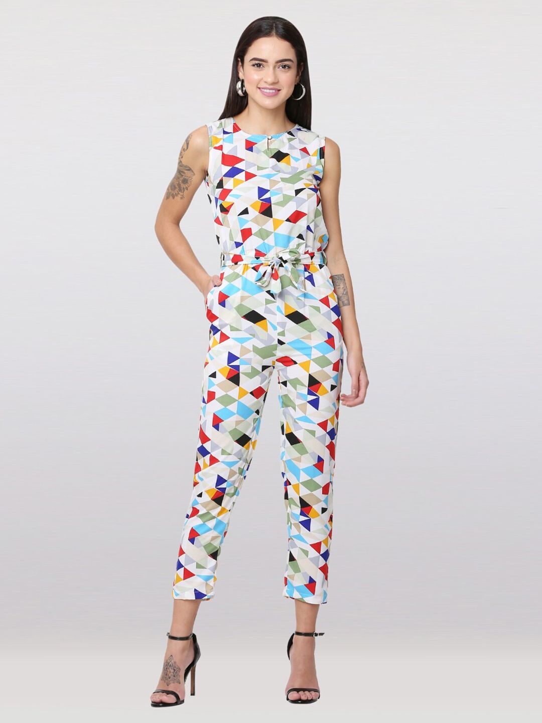 The Label Bar White & Blue Printed Basic Jumpsuit Price in India