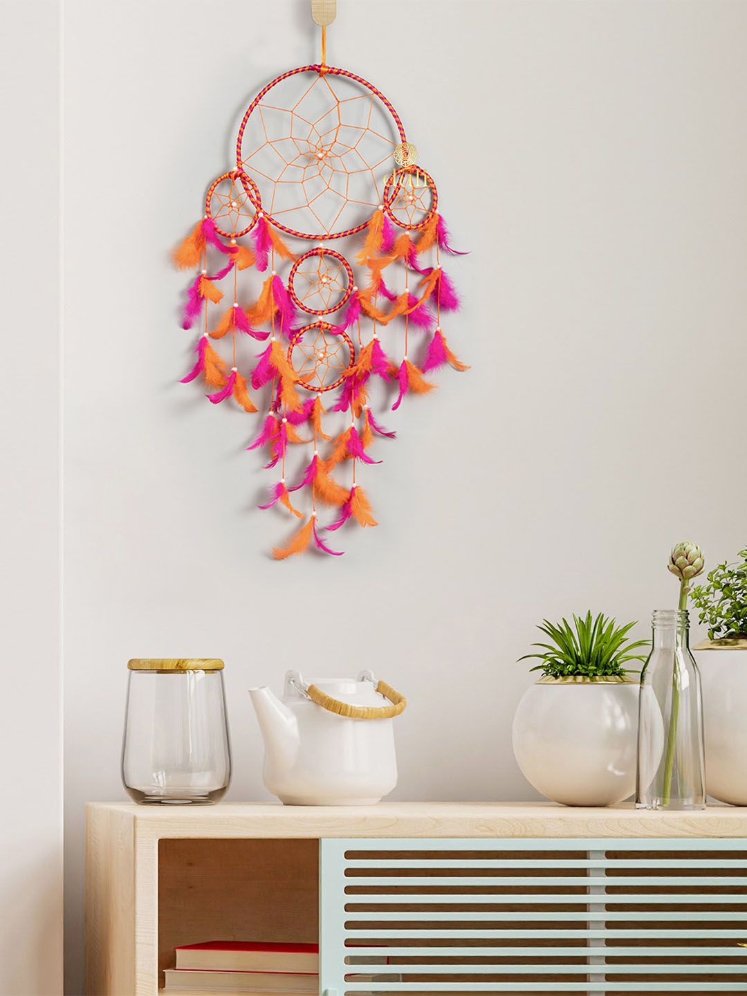 DULI Orange & Pink Hanging Dream Catcher With 5 Rings Price in India