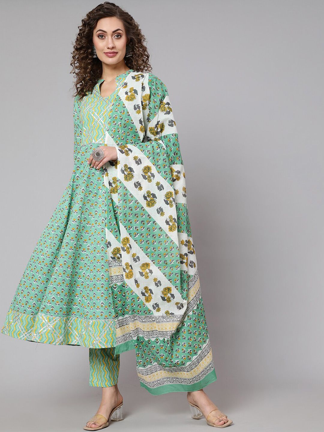 THE NKS PLUS Women Green Ethnic Motifs Printed High Slit Pure Cotton Kurta with Trousers & With Dupatta Price in India