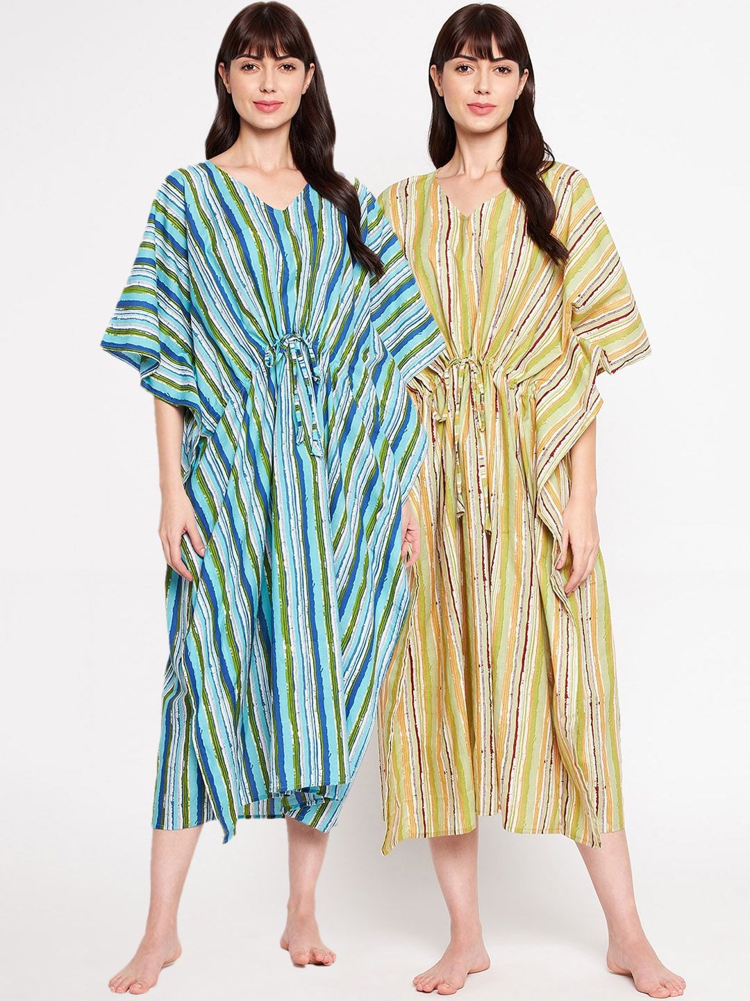 SECRETS BY ZEROKAATA Women Pack Of 2 Assorted Pure Cotton Long Kaftan Cover Up Dress Price in India