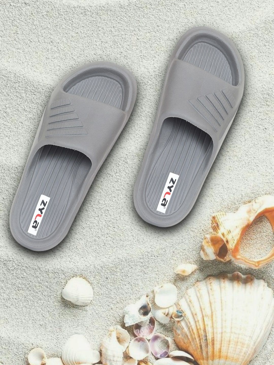 Zyla Women Grey & White Rubber Sliders Price in India