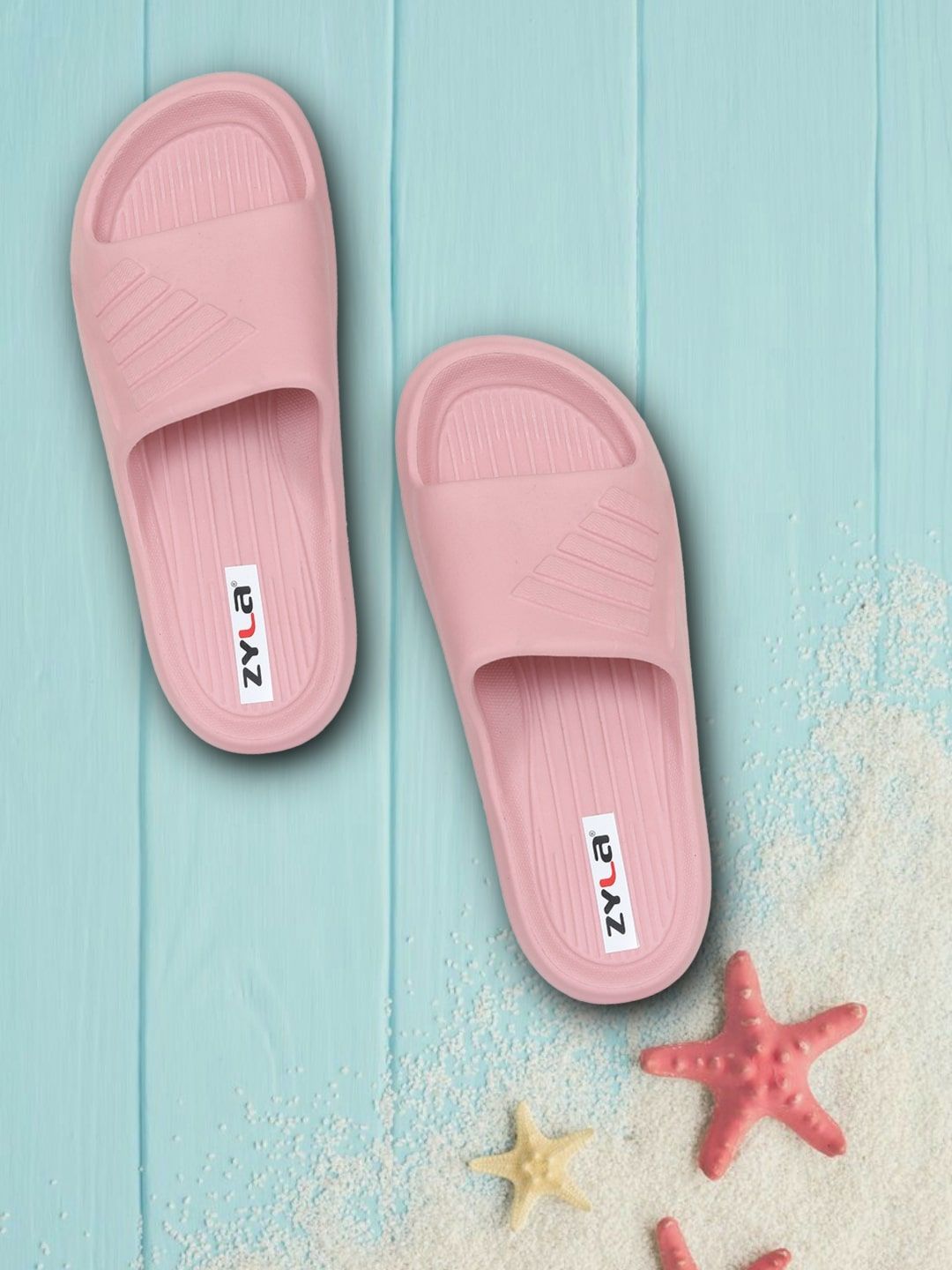 Zyla Women Peach-Coloured Striped Rubber Sliders Price in India