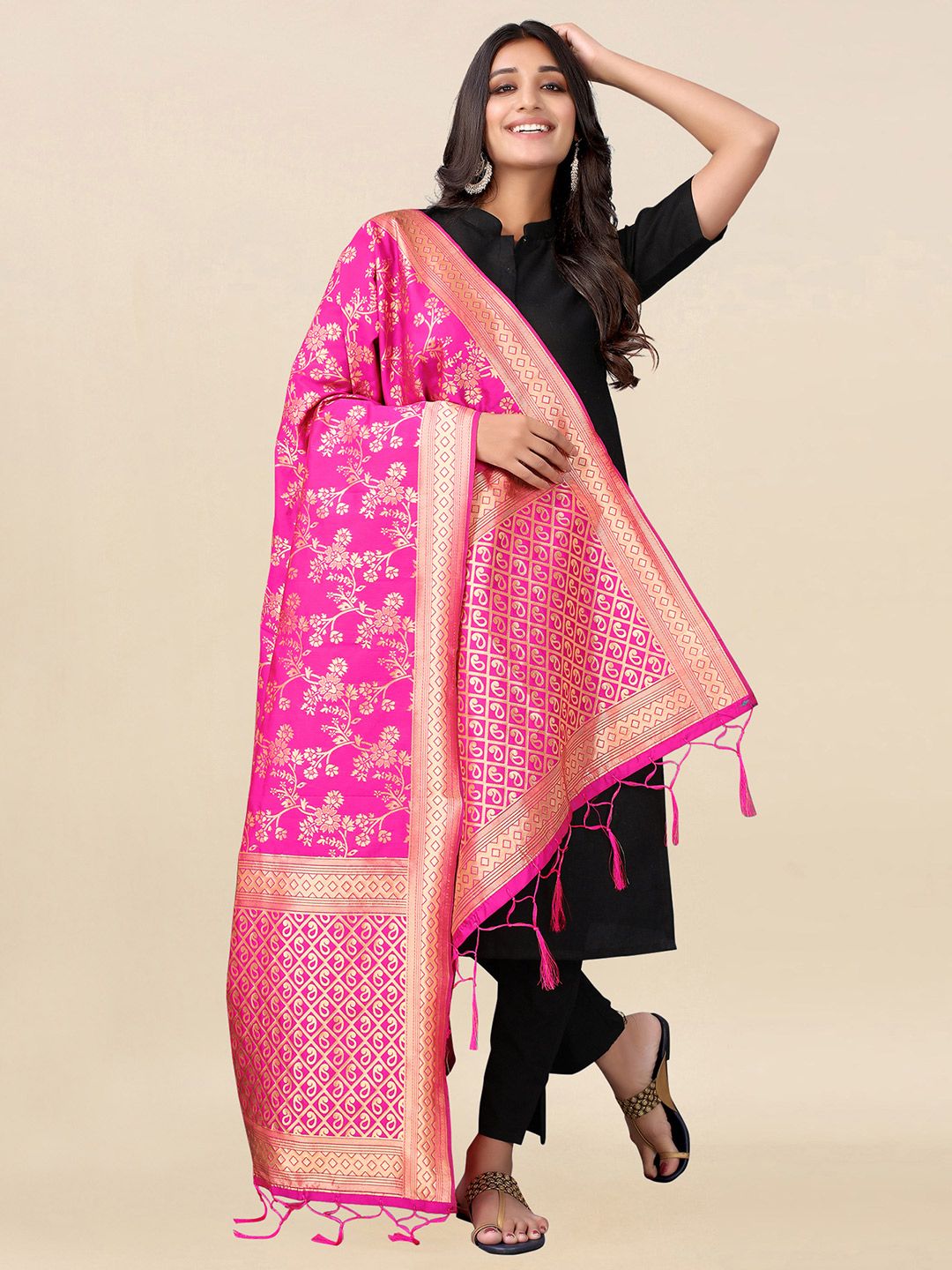 Satrani Pink & Gold-Toned Woven Design Dupatta Price in India