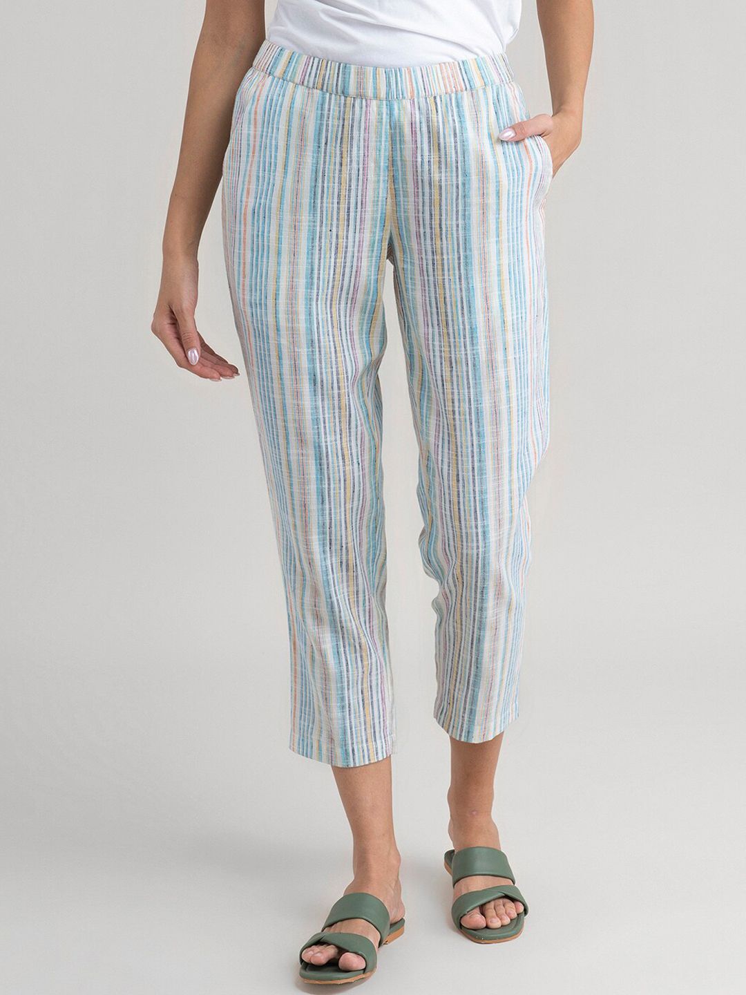 Marigold by FableStreet Women Off White Striped Tapered Fit Trousers Price in India