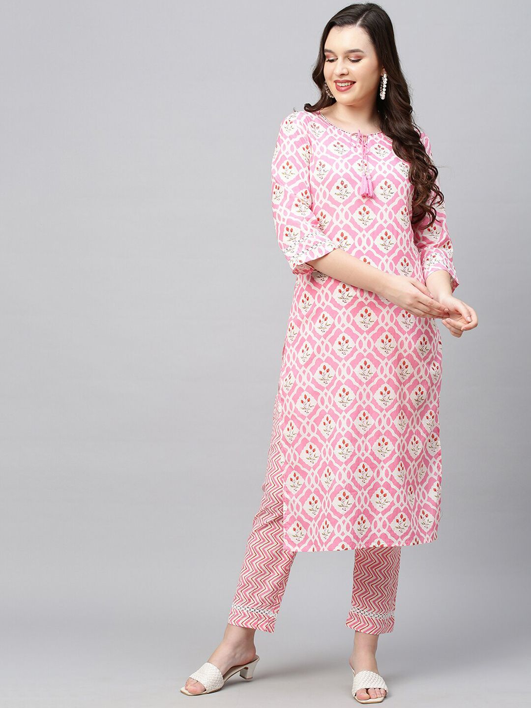 FASHOR Women Pink Angrakha Kantha Work Pure Cotton Kurti with Sharara Price in India