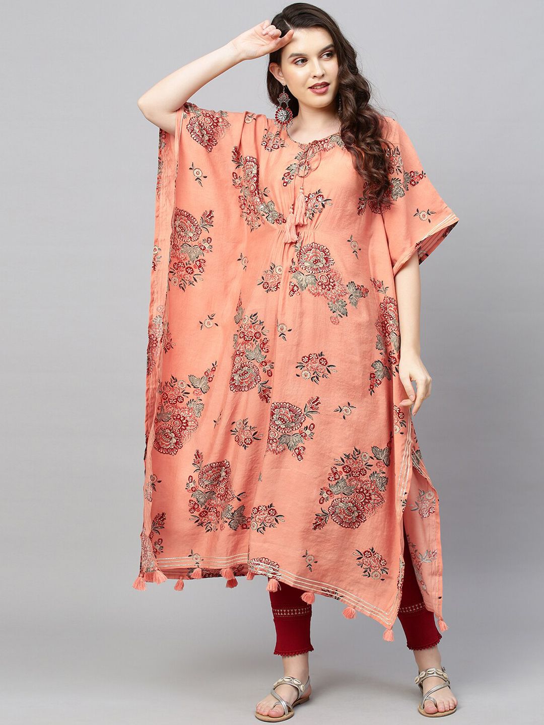 FASHOR Women Peach-Coloured Floral Printed Flared Sleeves Kurta Price in India