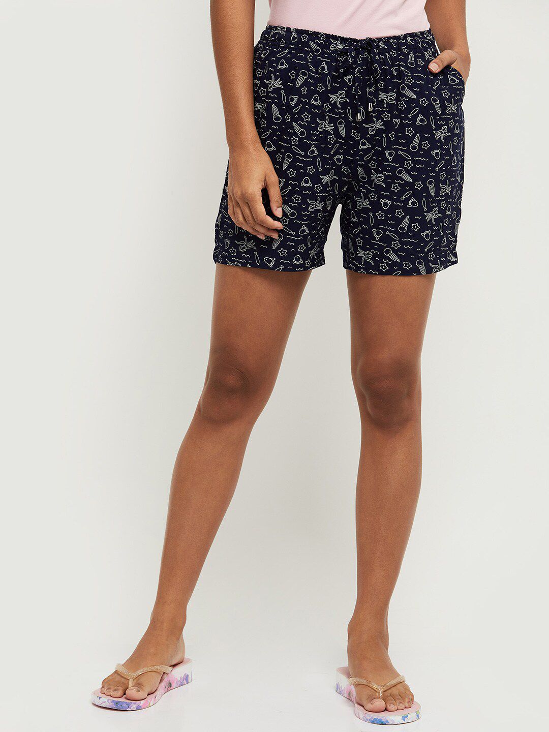 max Women Blue & White Printed Lounge Shorts Price in India