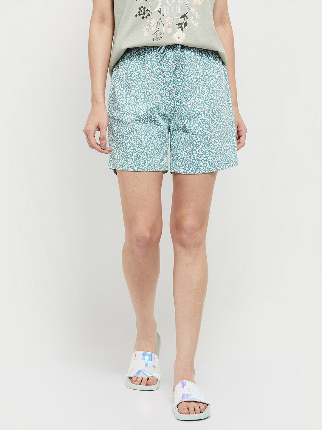 max Women Teal & White Printed Lounge Shorts Price in India