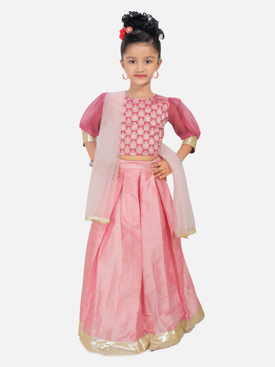 SALWAR STUDIO Girls Pink & Gold-Toned Printed Ready to Wear Lehenga & Blouse With Dupatta