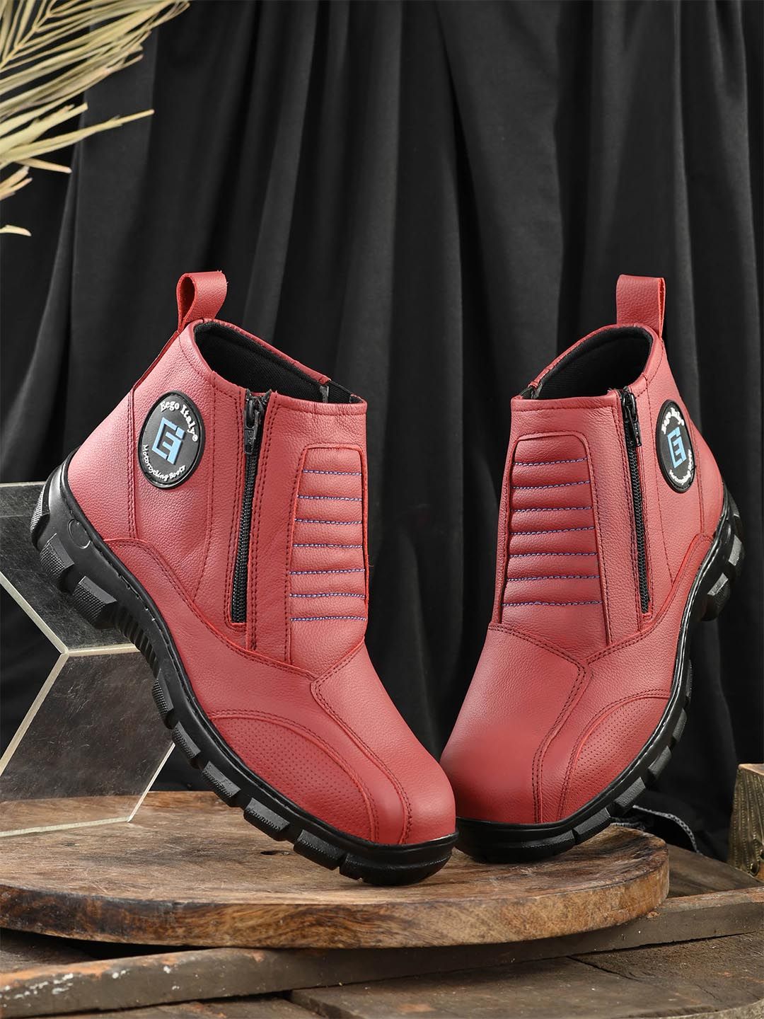 Eego Italy Men Red Leather Trekking Non-Marking Shoes