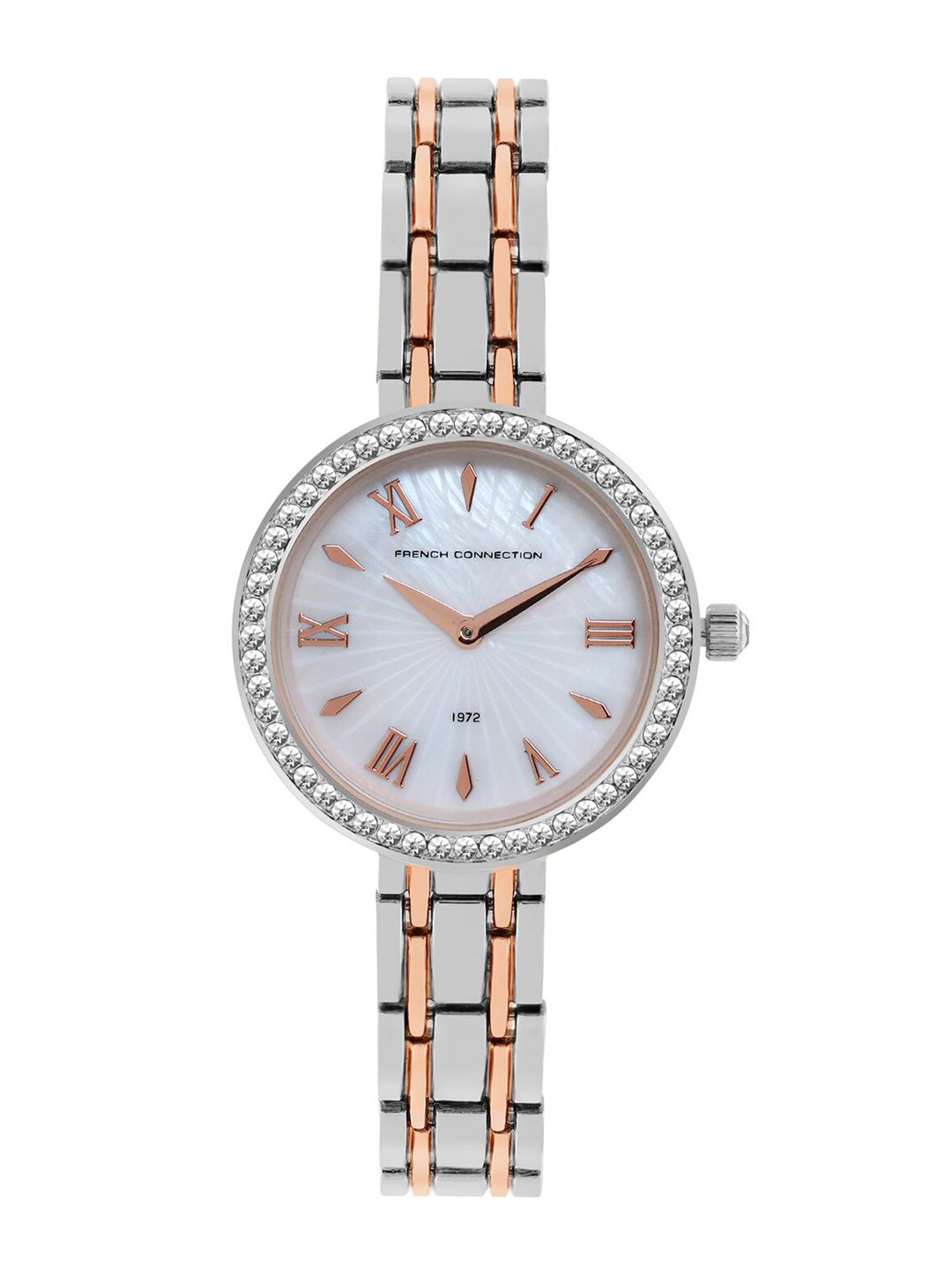 French Connection Women Silver-Toned Mother of Pearl Dial & Silver Toned Stainless Steel Bracelet Style Watch Price in India