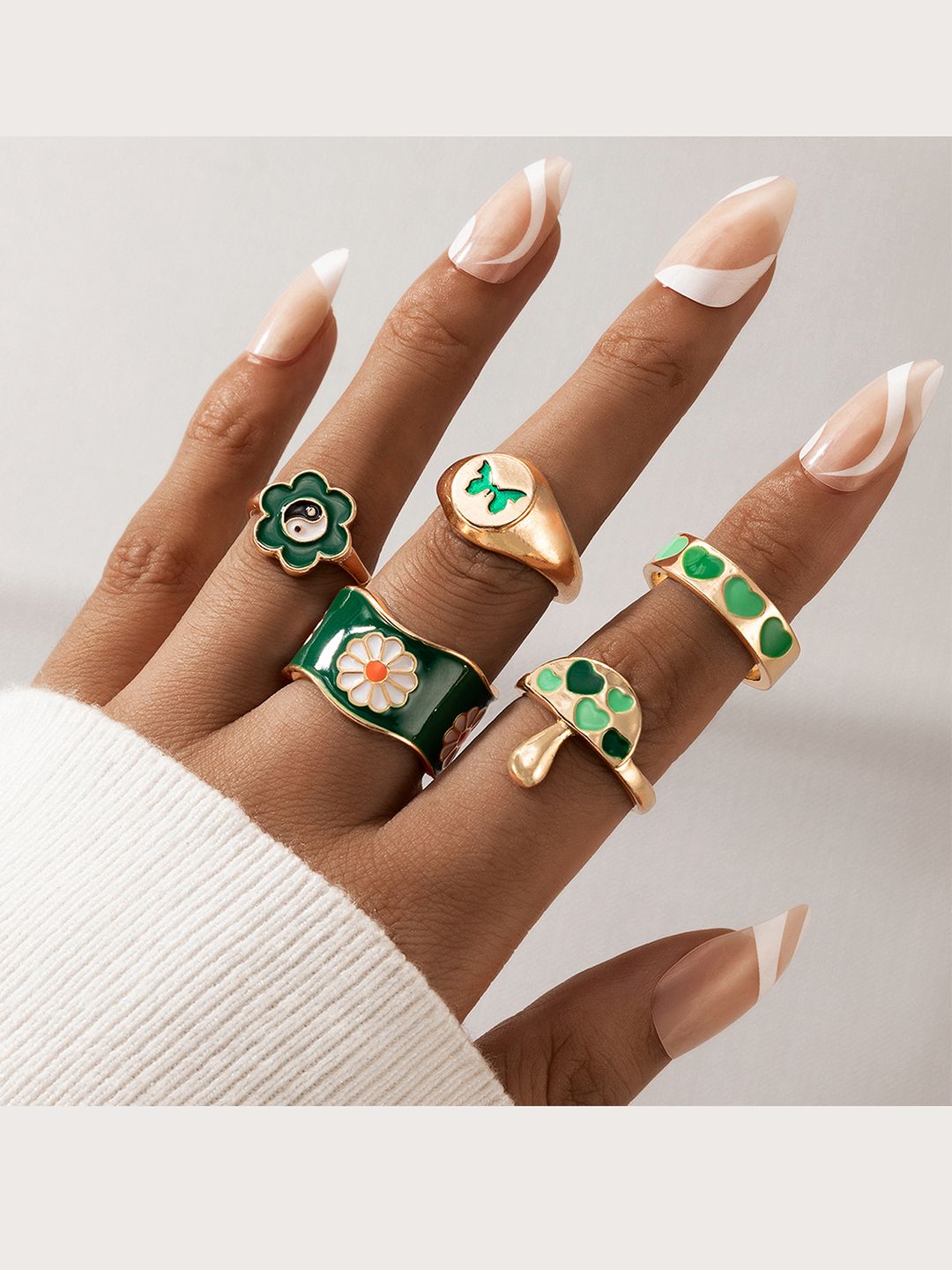 Vembley Set Of 5 Gold-Plated Green-Colored Designed Finger Rings Price in India