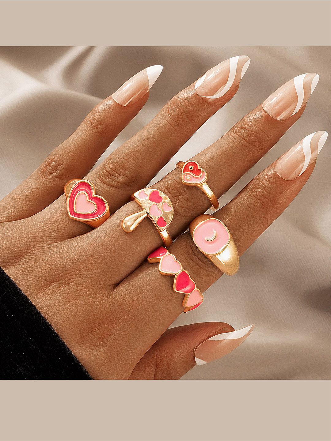 Vembley Set Of 5 Gold-Plated Pink-Colored Finger Rings Price in India