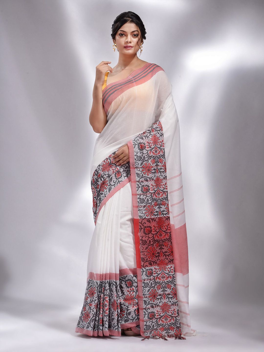 Charukriti White & Red Floral Pure Cotton Saree