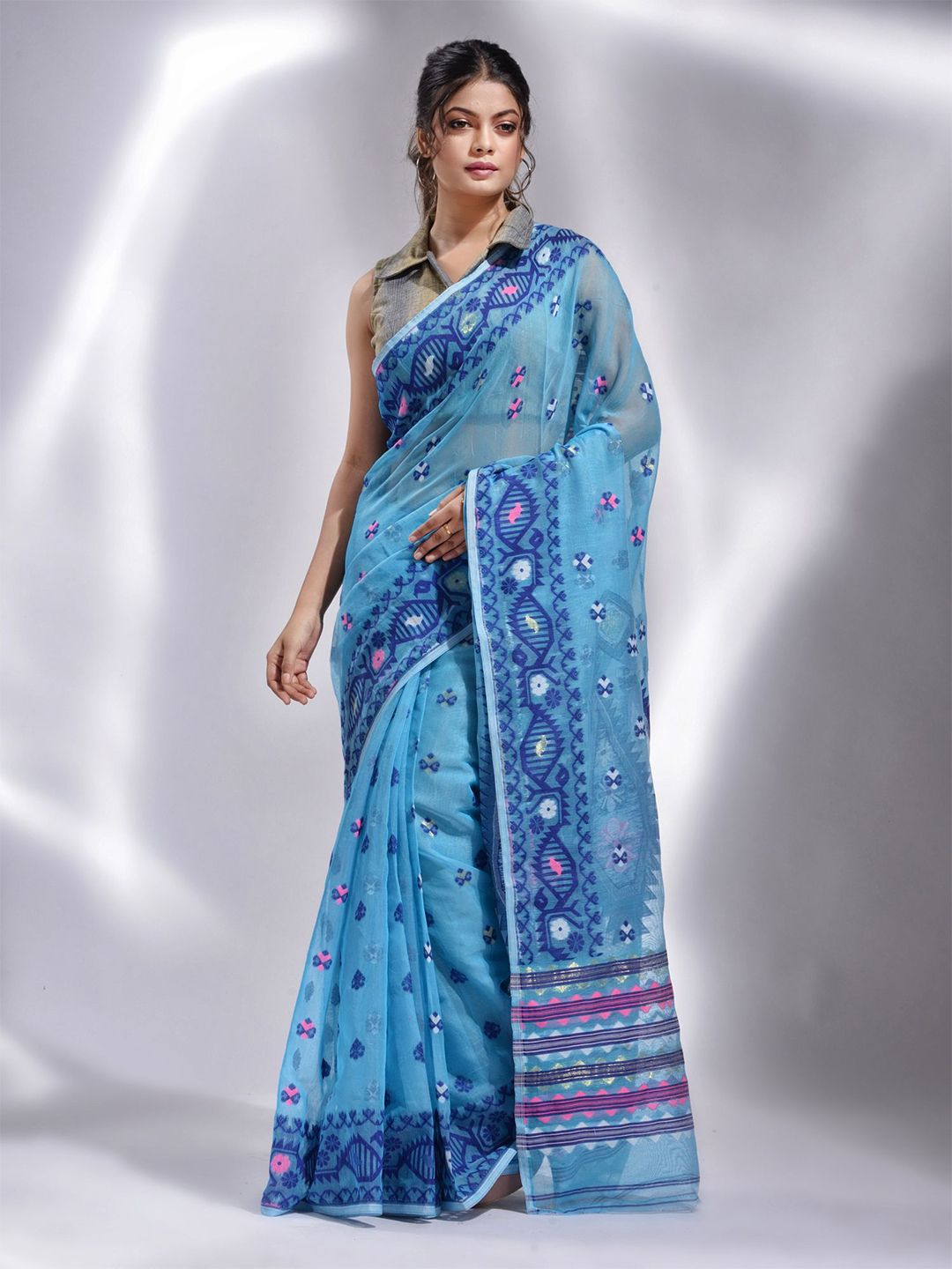 Charukriti Blue & Pink Woven Design Silk Cotton Jamdani Saree