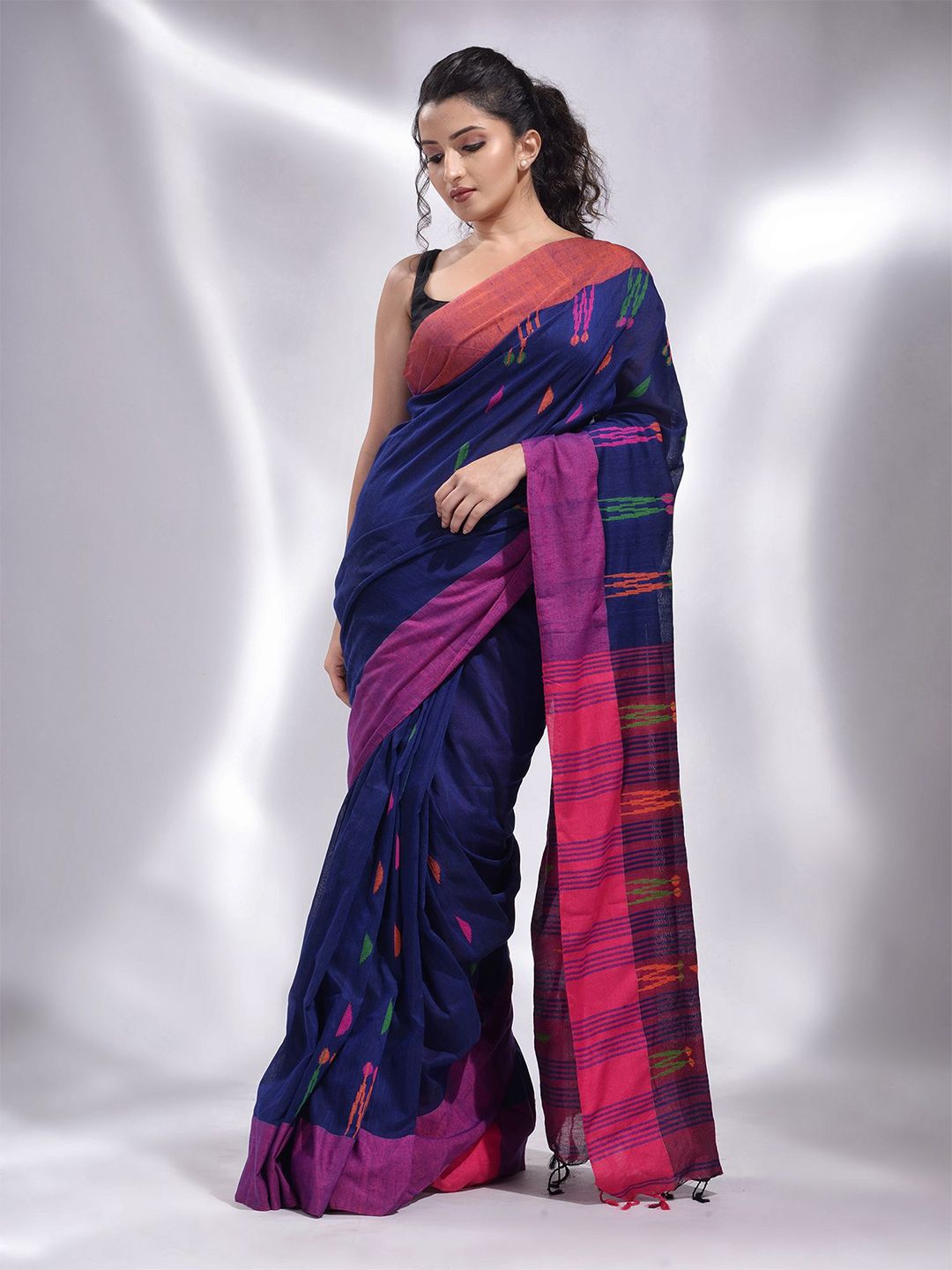 Charukriti Blue & Purple Woven Design Pure Cotton Saree