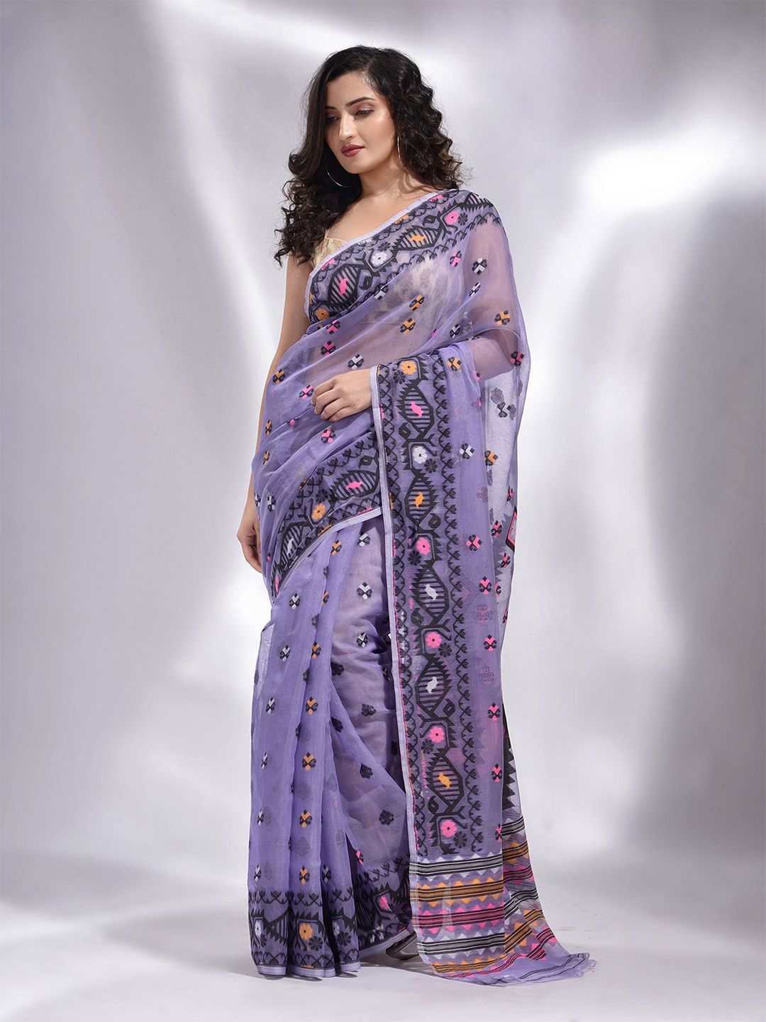 Charukriti Violet & Pink Woven Design Silk Cotton Jamdani Saree