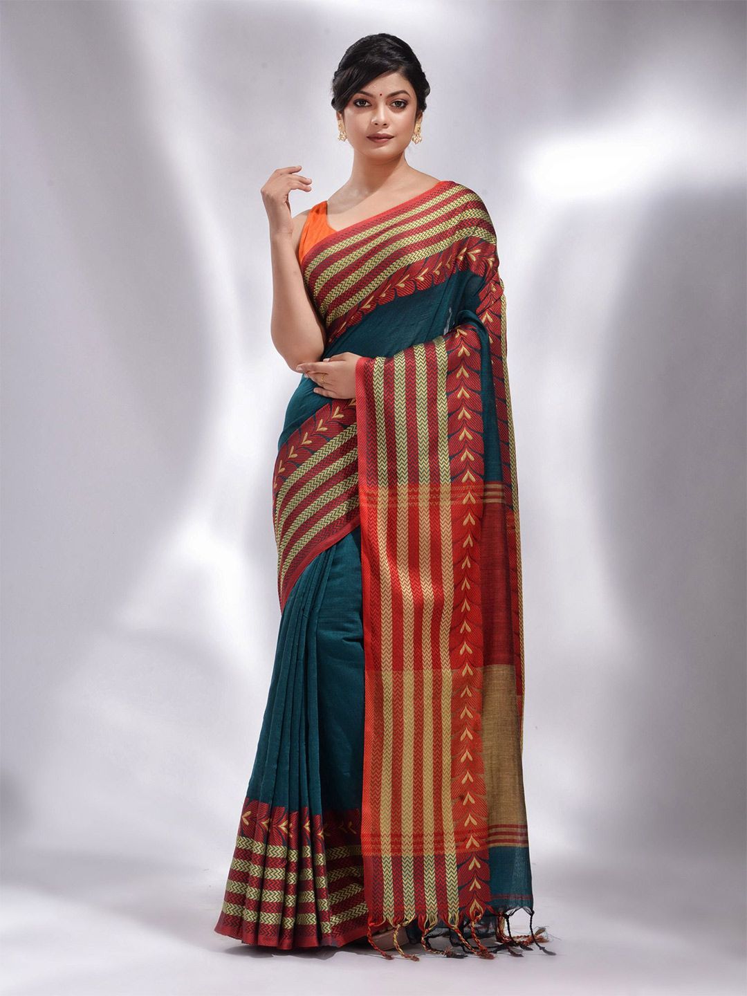 Charukriti Teal & Black Woven Design Pure Cotton Saree