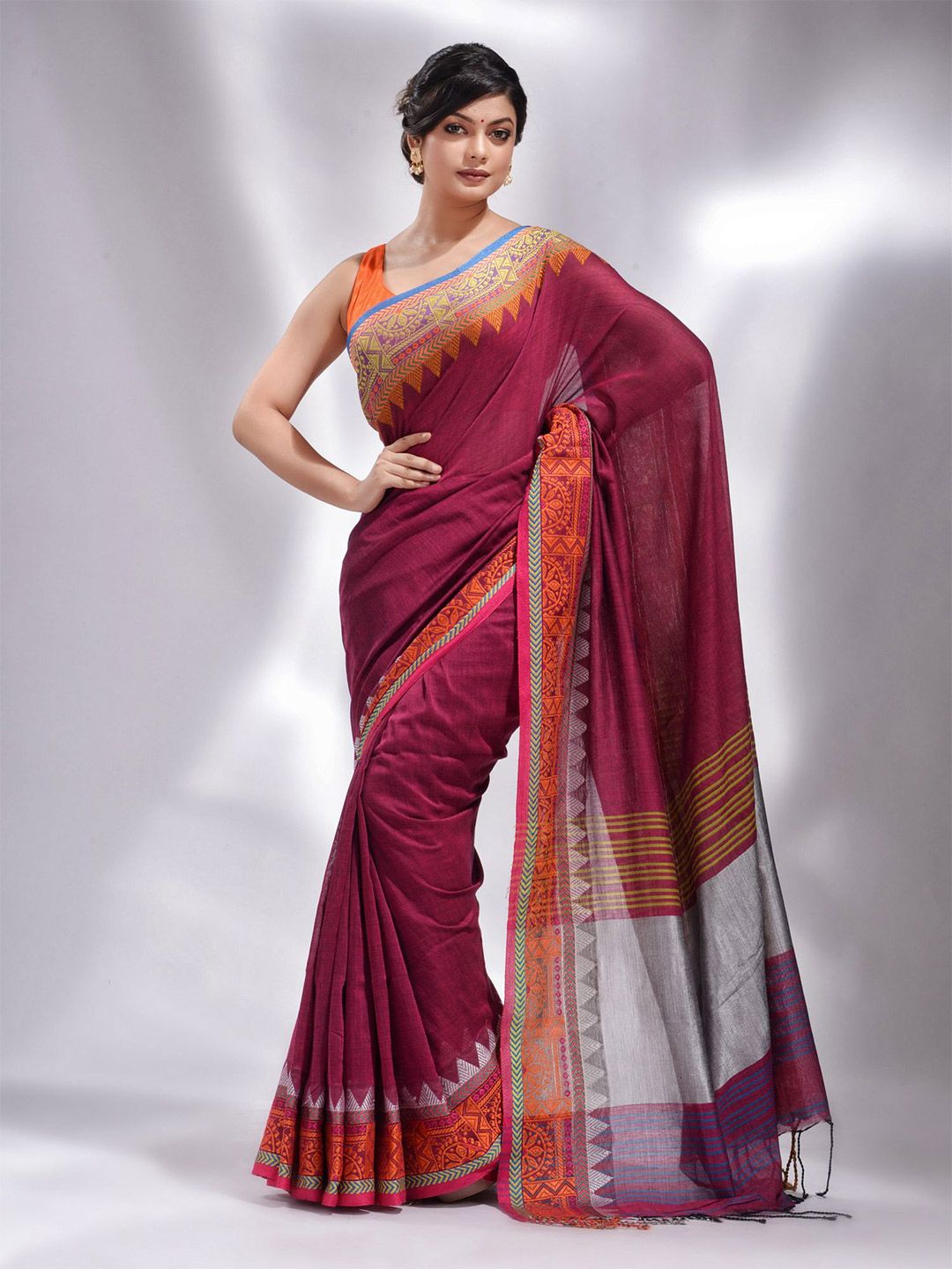 Charukriti Magenta & Silver-Toned Woven Design Pure Cotton Saree