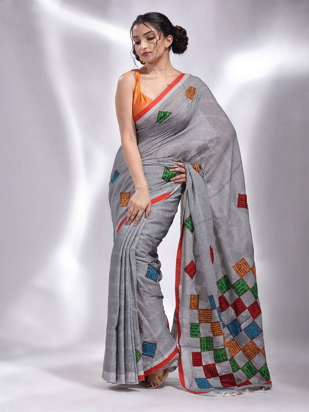 Charukriti Grey & Blue Woven Design Pure Cotton Saree