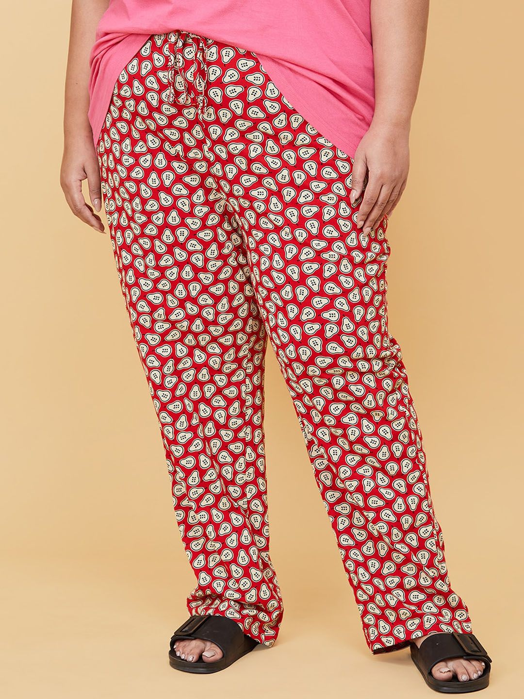 max Women Plus Size Red & Cream Printed Pure Cotton Lounge Pants Price in India