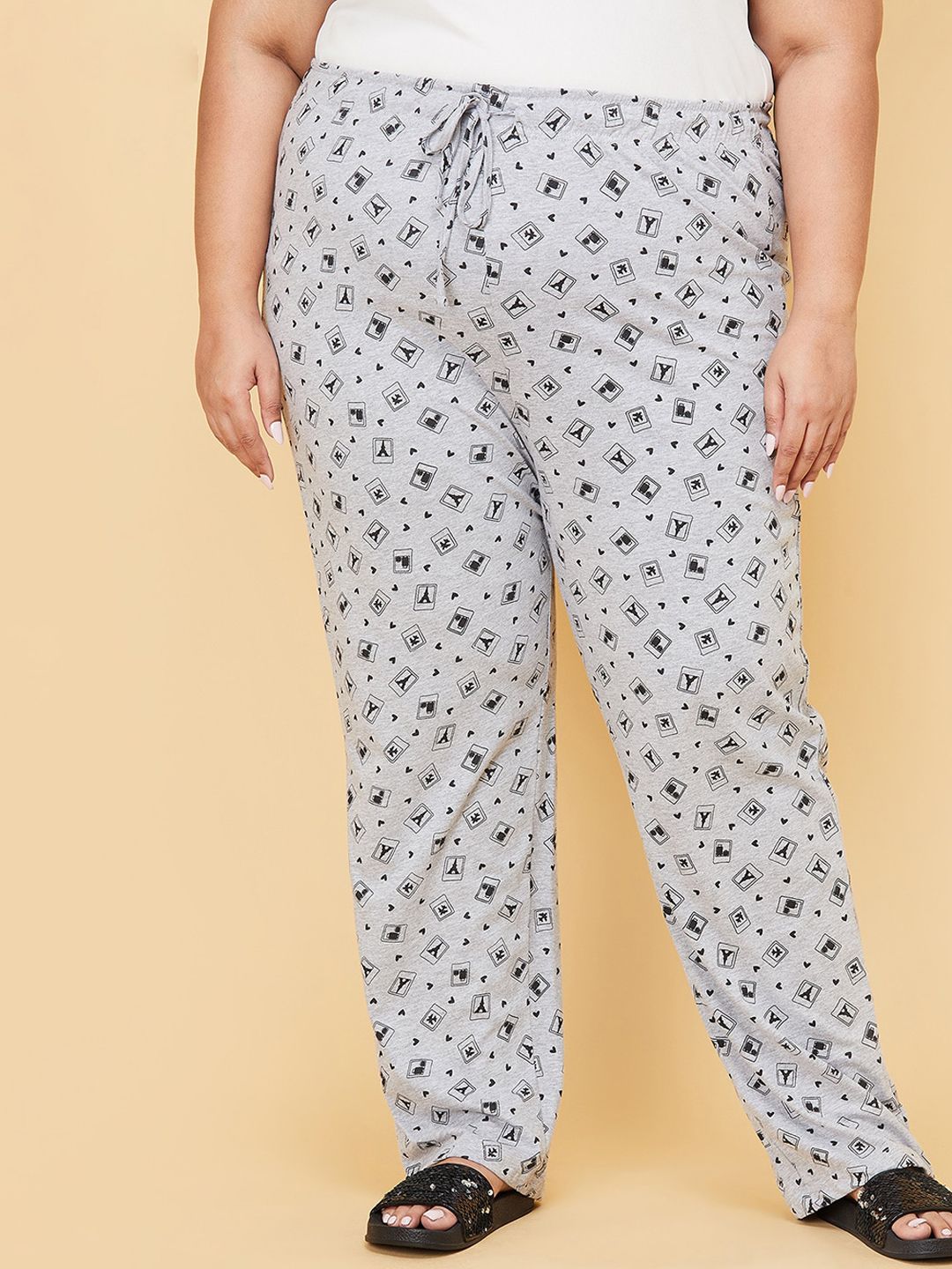 max Women Plus Size Grey & Black Printed Pure Cotton Lounge Pants Price in India