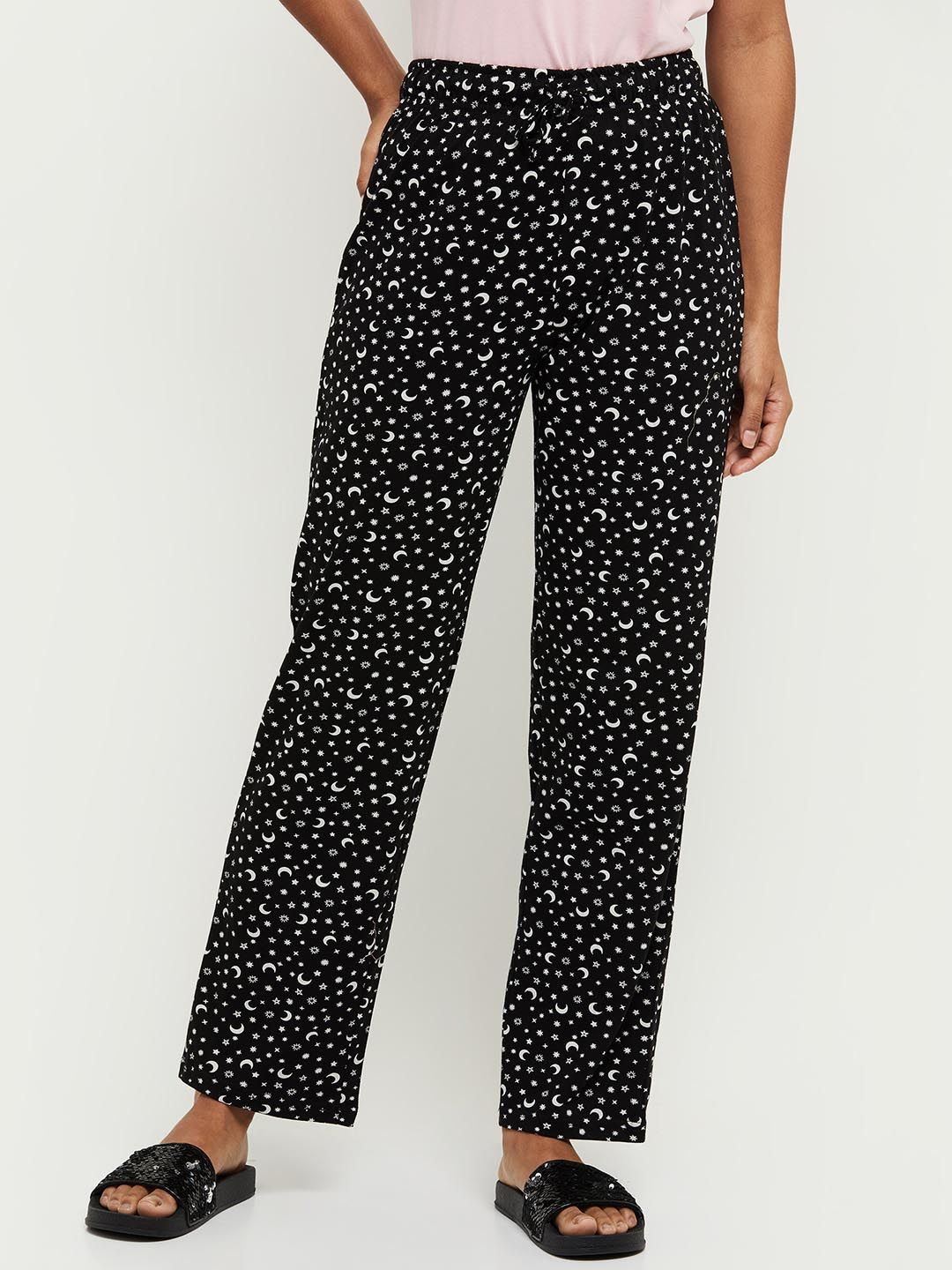 max Women Black Printed Pure Cotton Lounge Pants Price in India