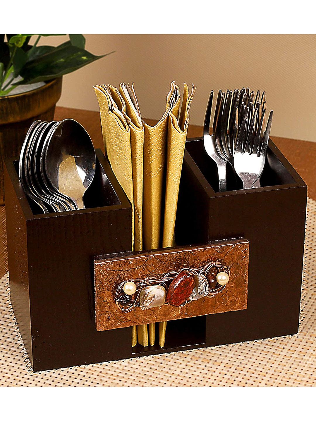 COCKTAIL Brown Solid Wooden Cutlery Holder Price in India