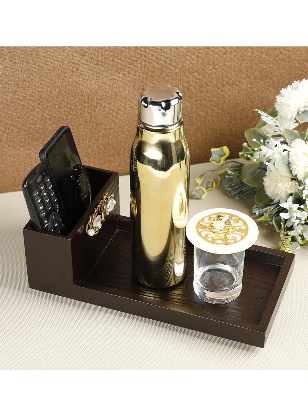 COCKTAIL Coffee Brown Solid Wooden MDF Tray Price in India