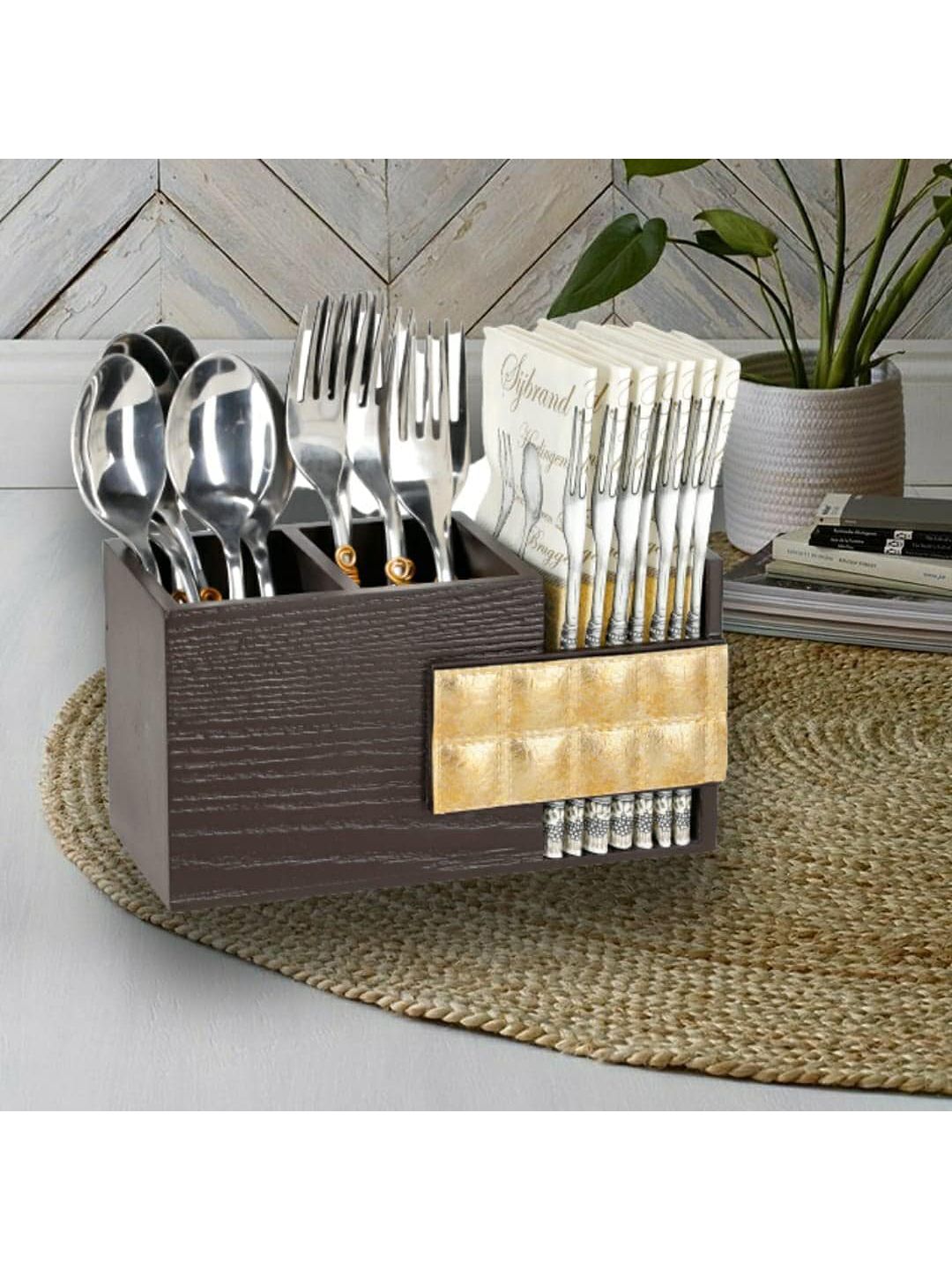COCKTAIL Brown Solid Wooden Cutlery Holders Price in India