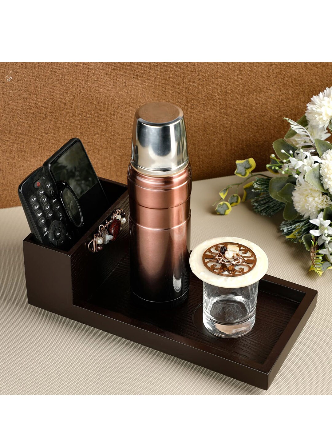 COCKTAIL Brown Bedside Small Wooden Tray With Coaster Price in India