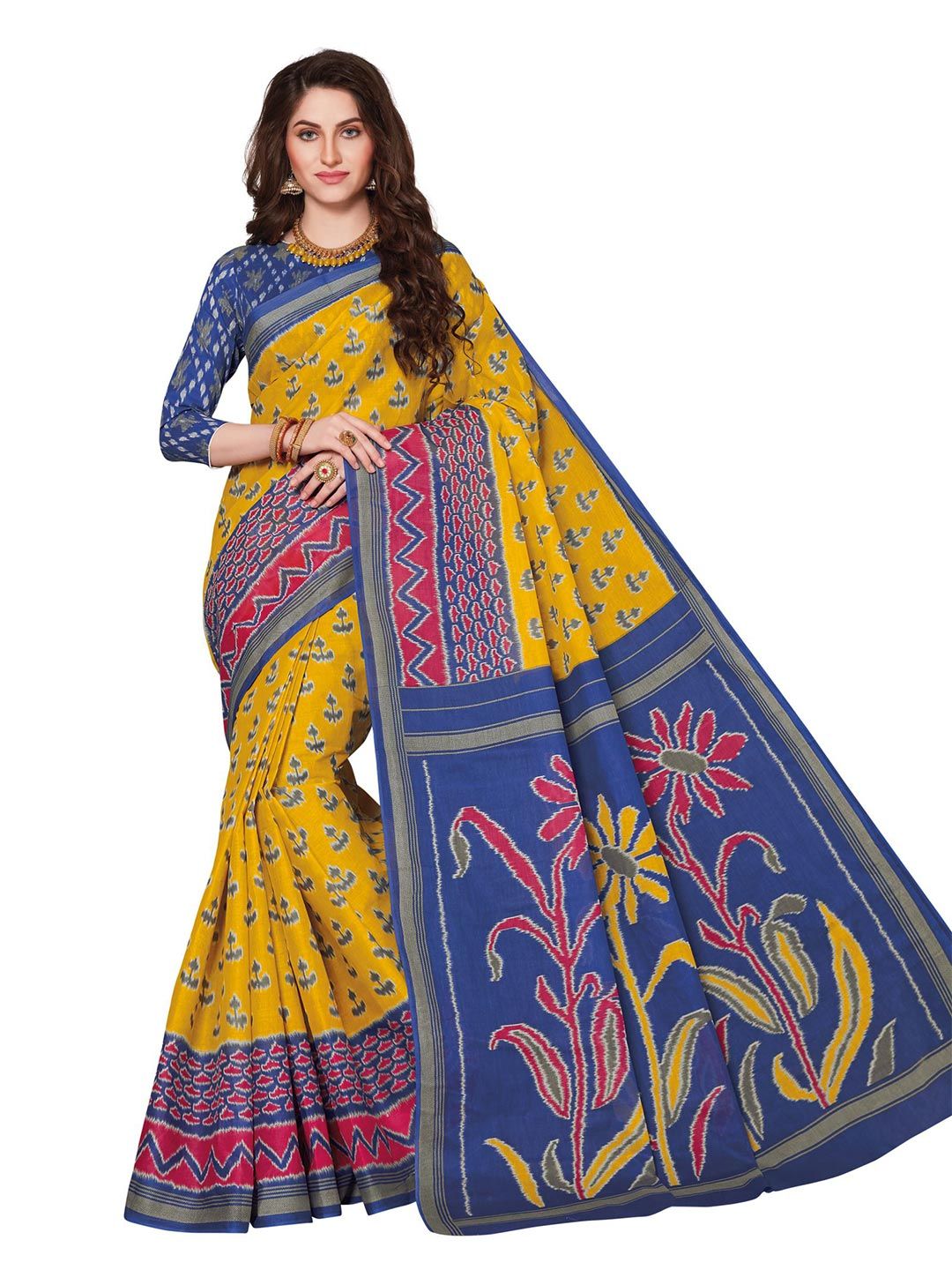 SHANVIKA Yellow & Blue Floral Pure Cotton  Ikat Saree Price in India